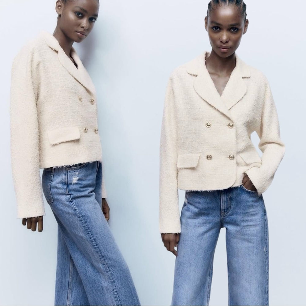 Zara Textured Tweed Double-Breasted Blazer in Ivory Cream Size Small NWT